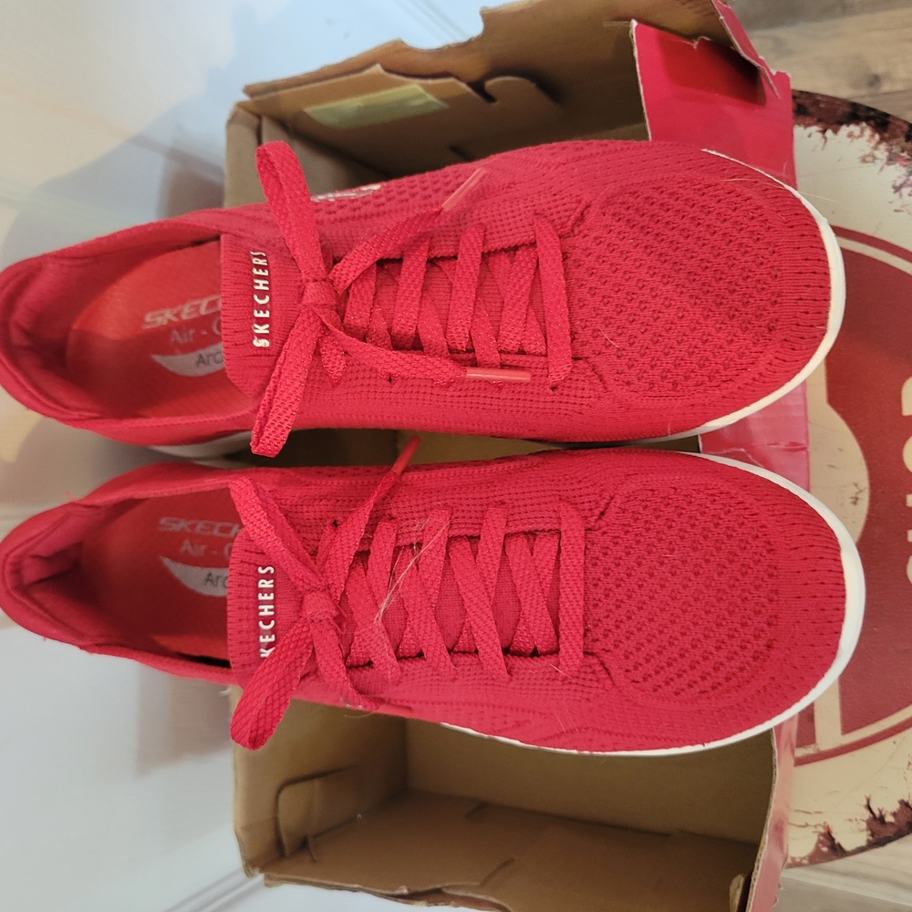 Skechers Red and White Athletic Shoes with Knit Upper - Picture 2 of 5